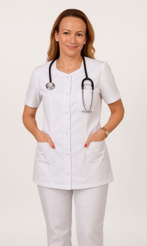 Pięknie skrojony damski Fartuch medyczny damski Wioletta medicstar MS1_26-medicstar.pl z podkreślającymi talię cięciami francuskimi idealnie układa się na sylwetce. Wygodny, zapinany na wytrzymałe napy uniform, posiada praktyczne krótkie rękawy oraz estetycznie wszyte do wewnątrz dwie dolne kieszenie. Istotne informacje: zapinany na napy krótki rękaw świetnie układa się na sylwetce tkanina 65% poliester 35% bawełna