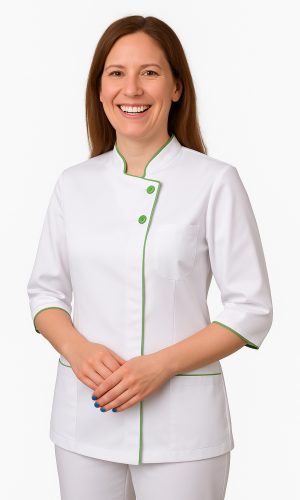 Żakiet kosmetyczny medyczny biały Lalunia wykonany z wysokiej jakości elanobawełny gwarantuje komfort noszenia i łatwe utrzymanie w nienagannym stanie. Kobiecy i praktyczny odpowiednio dopasowany, taliowany krój idealnie podkreśla sylwetkę. Asymetryczne zapięcie zostało wykończone modną stójką oraz trzema efektownymi guziczkami. Rękaw 3/4, delikatnie rozkloszowany ku dołowi, gwarantuje swobodę ruchów i pełen komfort noszenia, a pojemna kieszeń o ergonomicznym kształcie, umieszczona na prawej części żakietu, jest praktycznym uzupełnieniem całości. Dodatkowe informacje: dostępny rozmiar od 34 do 46 fason taliowany zaszewki z tyłu gramatura: 165 g/m2 tkanina: 35% bawełna, 65% poliester