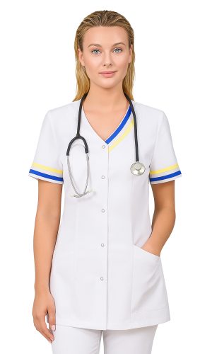 Damski żakiet medyczny Doris MS3_20 od Medicstar to połączenie elegancji, funkcjonalności i wygody. Wykonany z wysokiej jakości tkaniny (65% poliester, 35% bawełna) o gramaturze 175 g/m², zapewnia komfort noszenia i trwałość nawet przy częstym praniu do 60°C. Idealny dla pielęgniarek, lekarek i kosmetologów. Nowoczesny krój podkreśla sylwetkę i zapewnia profesjonalny wygląd w pracy.”