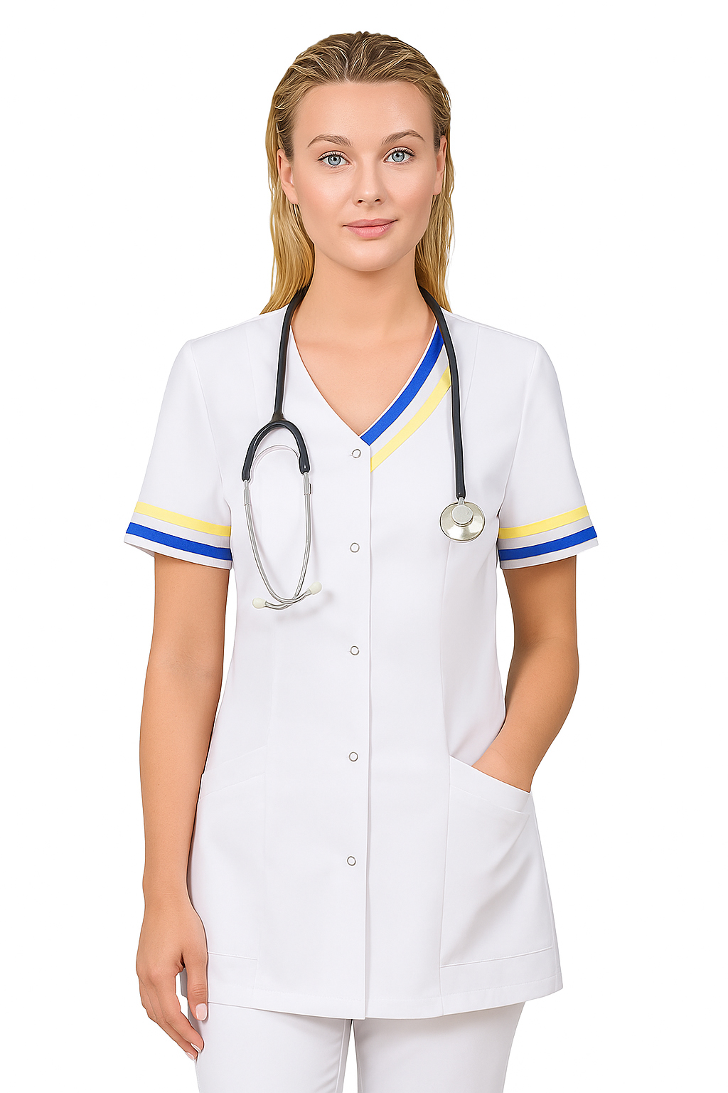 Żakiet medyczny damski Doris1 MS3_20_medicstar.pl Damski żakiet medyczny Doris MS3_20 od Medicstar to połączenie elegancji, funkcjonalności i wygody. Wykonany z wysokiej jakości tkaniny (65% poliester, 35% bawełna) o gramaturze 175 g/m², zapewnia komfort noszenia i trwałość nawet przy częstym praniu do 60°C. Idealny dla pielęgniarek, lekarek i kosmetologów. Nowoczesny krój podkreśla sylwetkę i zapewnia profesjonalny wygląd w pracy.”