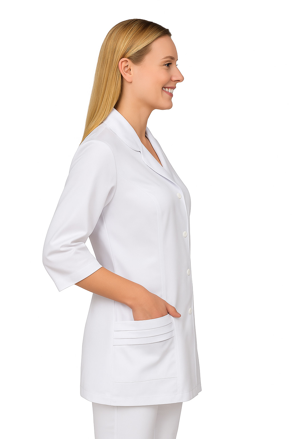 żakiet-medyczny-damski-bianka-ms3_14-medicstar Damski żakiet medyczny Bianka MS3_14 od Medicstar to połączenie elegancji i funkcjonalności. Wykonany z trwałej tkaniny (65% poliester, 35% bawełna), zapewnia komfort noszenia i nienaganny wygląd przez cały dzień pracy. Fason z rękawem 3/4, klasycznym kołnierzykiem i ozdobnymi szczypankami na kieszeniach podkreśla kobiecą sylwetkę, zachowując profesjonalny charakter. Idealny dla lekarek, pielęgniarek, kosmetologów i farmaceutek.”