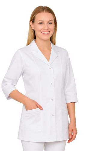 Damski żakiet medyczny Bianka MS3_14 od Medicstar to połączenie elegancji i funkcjonalności. Wykonany z trwałej tkaniny (65% poliester, 35% bawełna), zapewnia komfort noszenia i nienaganny wygląd przez cały dzień pracy. Fason z rękawem 3/4, klasycznym kołnierzykiem i ozdobnymi szczypankami na kieszeniach podkreśla kobiecą sylwetkę, zachowując profesjonalny charakter. Idealny dla lekarek, pielęgniarek, kosmetologów i farmaceutek.”