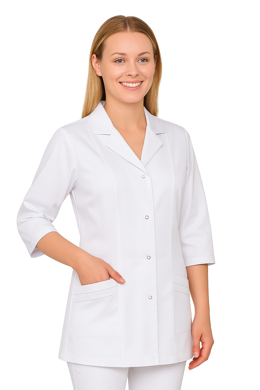 żakiet-medyczny-damski-bianka2-ms3_14-medicstar-pl Damski żakiet medyczny Bianka MS3_14 od Medicstar to połączenie elegancji i funkcjonalności. Wykonany z trwałej tkaniny (65% poliester, 35% bawełna), zapewnia komfort noszenia i nienaganny wygląd przez cały dzień pracy. Fason z rękawem 3/4, klasycznym kołnierzykiem i ozdobnymi szczypankami na kieszeniach podkreśla kobiecą sylwetkę, zachowując profesjonalny charakter. Idealny dla lekarek, pielęgniarek, kosmetologów i farmaceutek.”