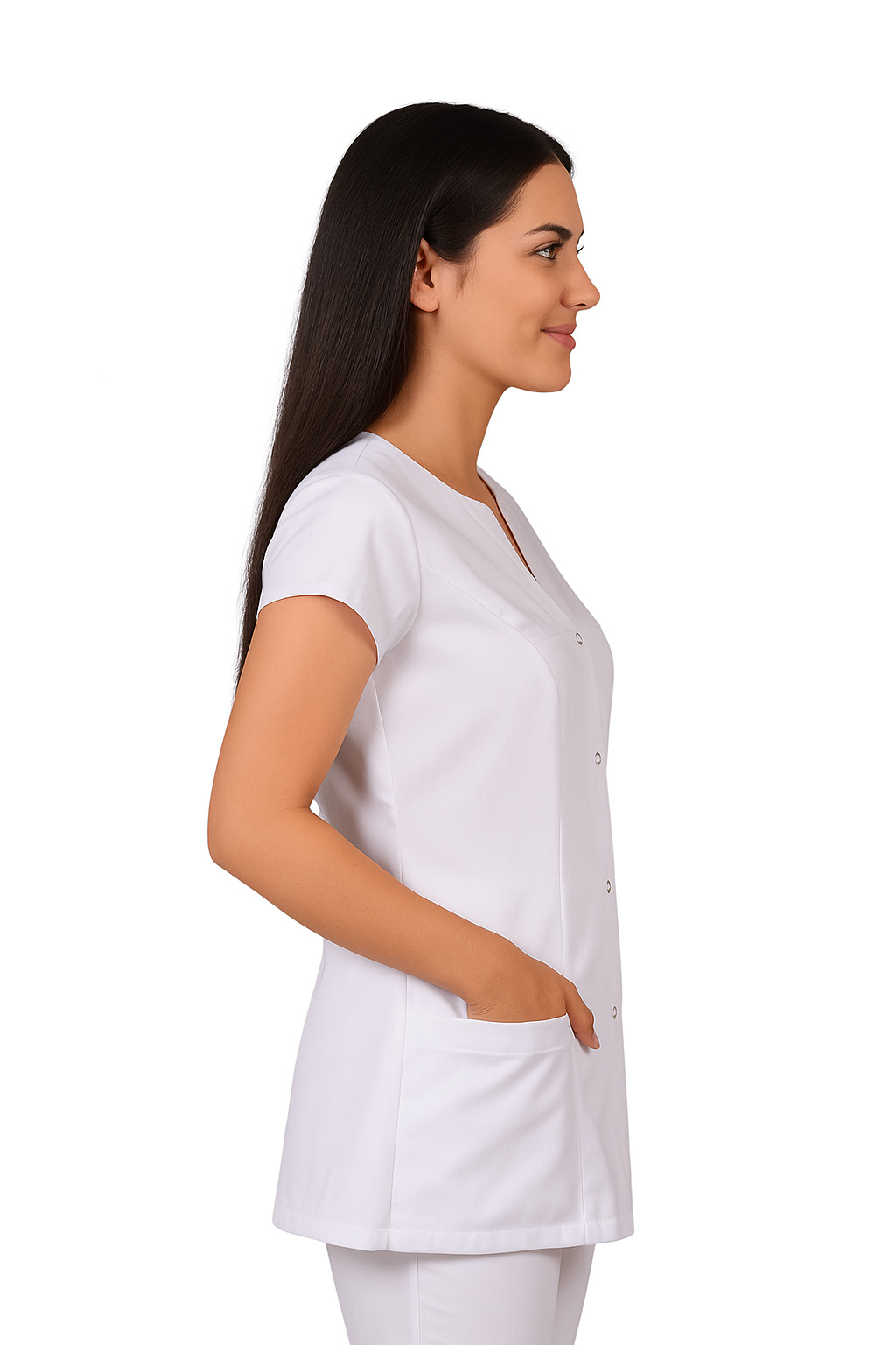 żakiet_medyczny_grażyna_medicstar2 Żakiet posiada krótkie rękawki o optymalnej szerokości, nie ograniczającej ruchów, a także jest zapinany na napy. Zadbano także o funkcjonalność i wyposażono uniform w trzy kieszenie – jedną górną naszytą na wysokości lewej piersi oraz dwie dolne estetycznie wszyte do wewnątrz Dodatkowe informacje: Istnieje możliwość nadruku lub haftu Tkanina 65% poliester 35% bawełna Gramatura 175 g/m2 Temperatura prania do 60 stopni