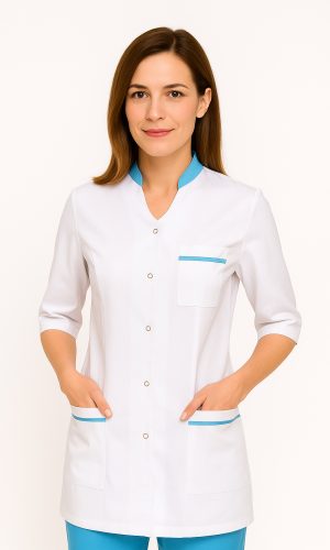 Żakiet Medyczny Urszula – Kolor Biały (Medicstar) Opis Produktu: Żakiet medyczny Urszula w kolorze białym od firmy Medicstar to elegancka i stylowa propozycja dla profesjonalistek w branży medycznej. Dzięki ozdobnym lamówkom w kontrastowym kolorze przy kieszeniach i stójce, żakiet wyróżnia się na tle klasycznej odzieży medycznej, łącząc estetykę z funkcjonalnością. Materiał: Skład: 65% poliester, 35% bawełna, co zapewnia trwałość oraz komfort noszenia. Grubość tkaniny: 170 g/m², co sprawia, że żakiet jest odpowiednio lekki, ale też odporny na codzienne użytkowanie.