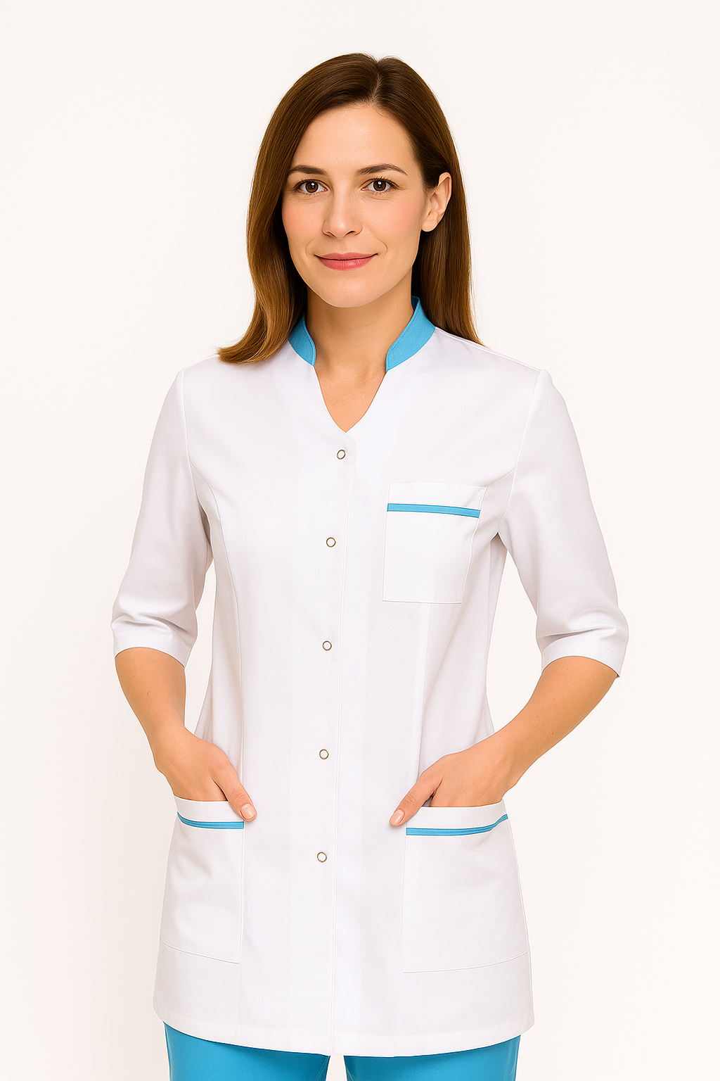 Żakiet Medyczny Urszula – Kolor Biały (Medicstar)1 Żakiet Medyczny Urszula – Kolor Biały (Medicstar) Opis Produktu: Żakiet medyczny Urszula w kolorze białym od firmy Medicstar to elegancka i stylowa propozycja dla profesjonalistek w branży medycznej. Dzięki ozdobnym lamówkom w kontrastowym kolorze przy kieszeniach i stójce, żakiet wyróżnia się na tle klasycznej odzieży medycznej, łącząc estetykę z funkcjonalnością. Materiał: Skład: 65% poliester, 35% bawełna, co zapewnia trwałość oraz komfort noszenia. Grubość tkaniny: 170 g/m², co sprawia, że żakiet jest odpowiednio lekki, ale też odporny na codzienne użytkowanie.