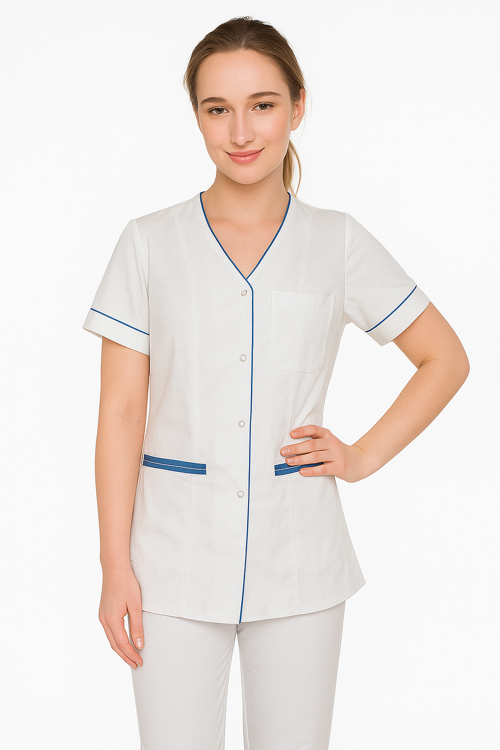 Żakiet medyczny damski Aurelia kolor biały-medicstar8 Żakiet medyczny damski Aurelia posiada bardzo wygodny, kobiecy krój. dwie dolne duże kieszenie, Możliwość zamówienia fartucha z długim rękawem, lub ¾. Rękawy zakończone są ozdobnymi lamówkami Żakiet medyczny damski Aurelia polecamy dla Pań które poszukują wygodnej odzieży medycznej uszytej z lekkiej, tkaniny w dobrej cenie. Została zaprojektowana tak, by w codziennej pracy czuć się swobodnie i komfortowo. Przewaga bawełny gwarantuje przewiewność i komfort noszenia w każdej sytuacji. Tkanina jest miękka i miła w dotyku. Możliwe jest również zamówienie odzieży w innej kolorystyce i w innych tkaninach niż te dostępne w sklepie internetowym jednak bez możliwości zwrotu ani wymiany. W celu dokonania takiego zamówienia prosimy o kontakt mailowy lub telefoniczny z biurem. Na Państwa życzenie wysyłamy próbniki tkanin. Istnieje możliwość nadruku lub haftu Tkanina 65% bawełna 35% poliester Gramatura 175 g/m2 Temperatura prania do 60 stopni C