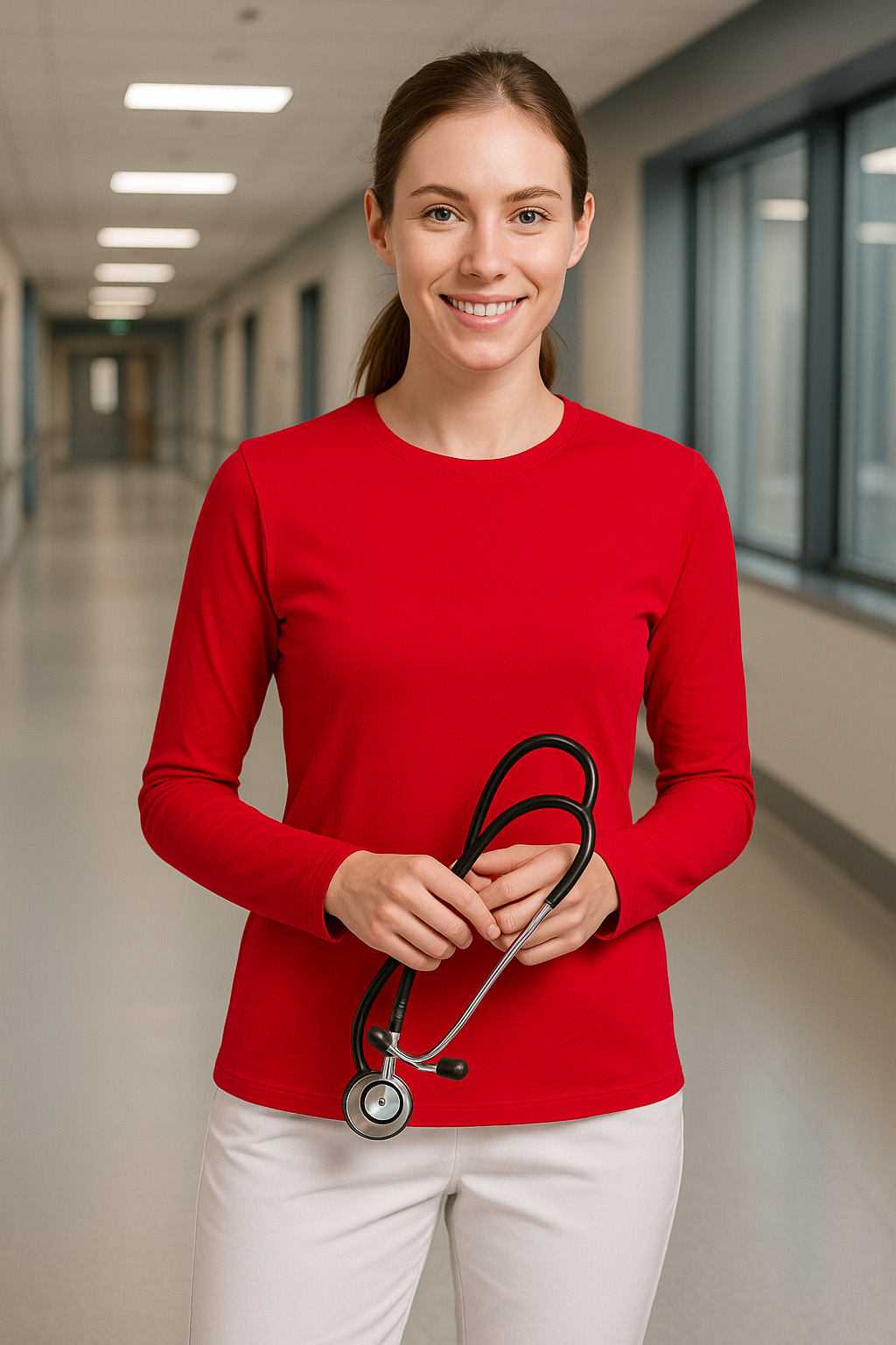 T-shirt damski medyczny długi rękaw kolor czerwony ClinicLine Comfort-medicstar.pl