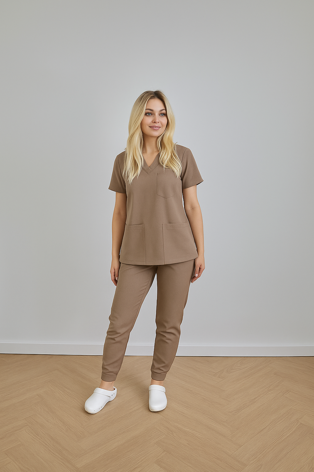 ChatGPT Image Dec 10, 2025, 05_49_13 PM Komplet medyczny damski Medicstar Cosmo Super Flex, kolor capuccino Bluza Atena, spodnie Joggery Cosmo Flex - obrazek 1
