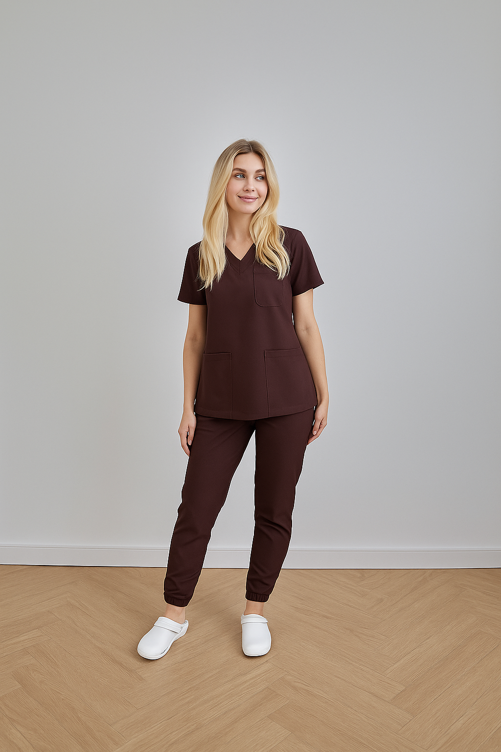 ChatGPT Image Dec 10, 2025, 05_56_28 PM Komplet medyczny damski Medicstar Cosmo Super Flex, kolor czekolada Bluza Atena, spodnie Joggery Cosmo Flex - obrazek 1